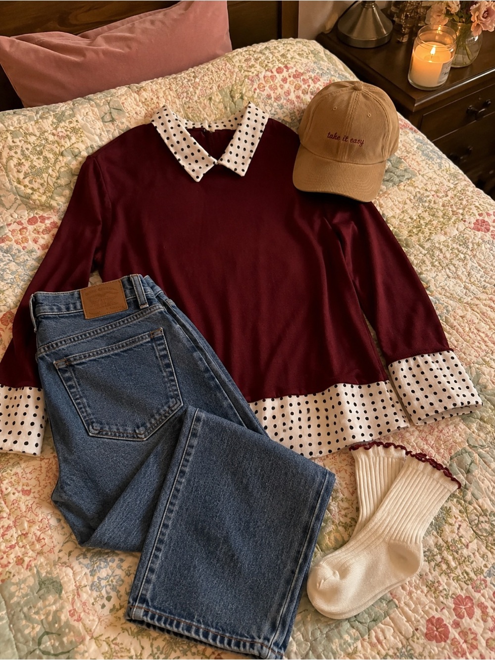 Elle Burgundy Long Sleeve Top with White Polka Dot Trim